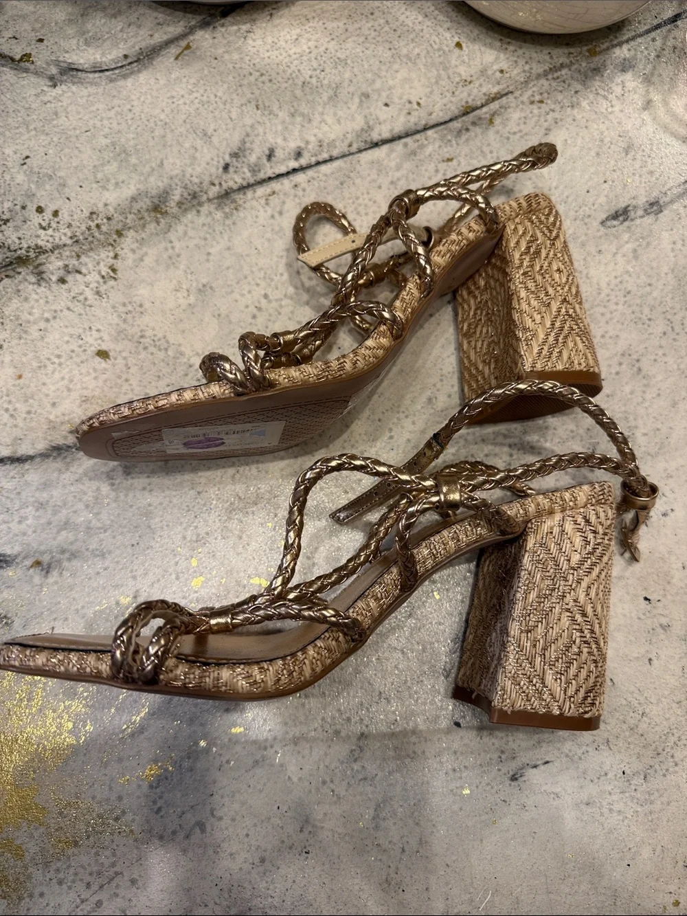 Jessica Simpson Metallic Gold Braided Strap Heeled Sandals size 7